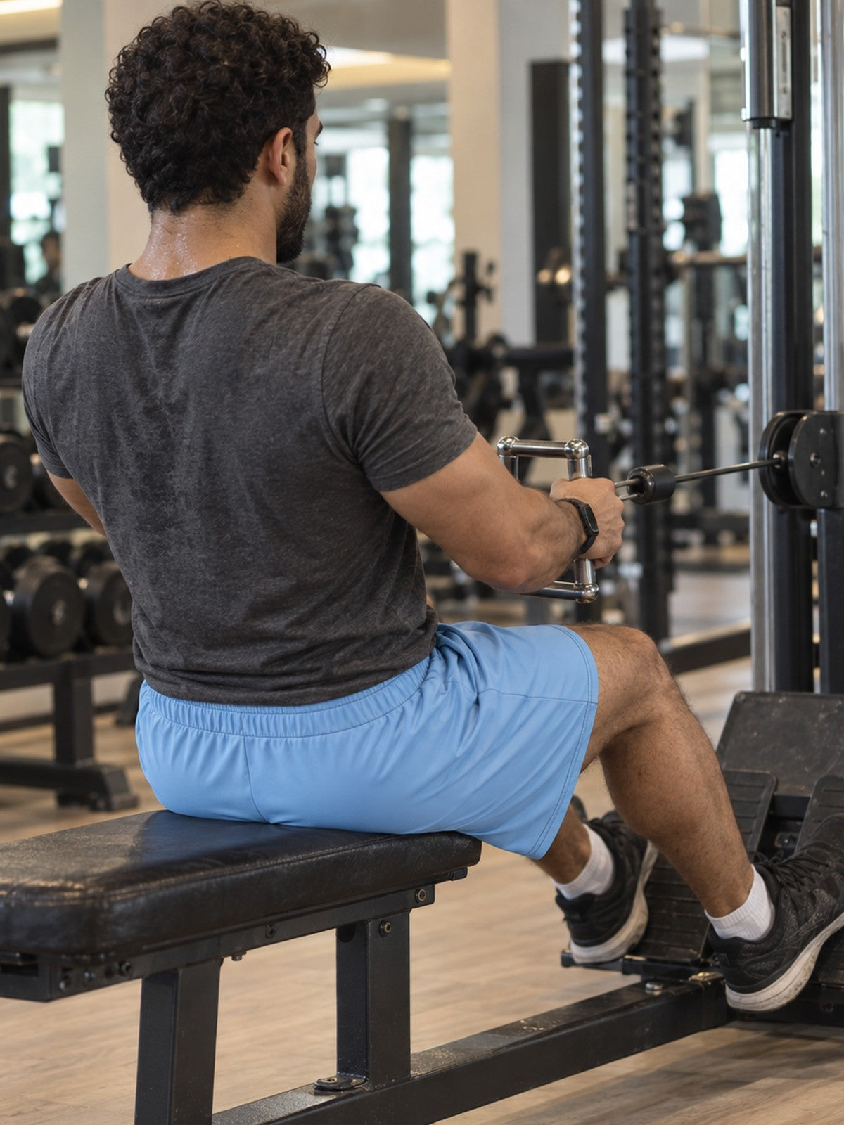 Men's Sky Blue Essential Athletic Multipurpose Shorts – gym training, rear view