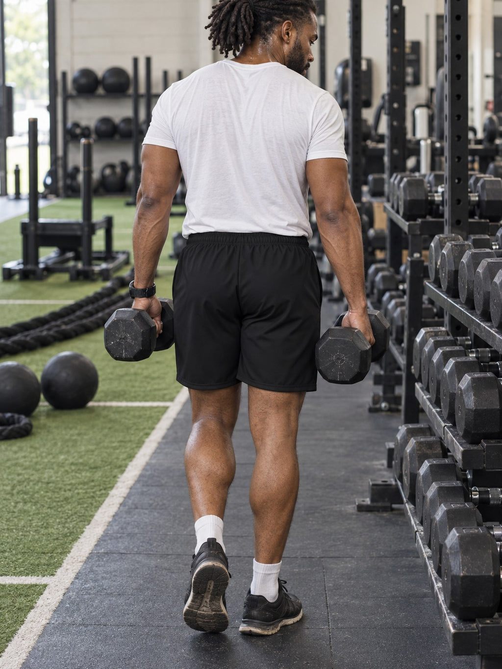 Men's Stealth Black Essential Athletic Multipurpose Shorts – gym training, rear view