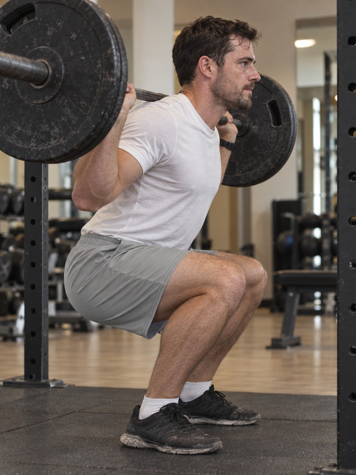 Men's Stone Grey Essential Athletic Multipurpose Shorts – gym training, side view