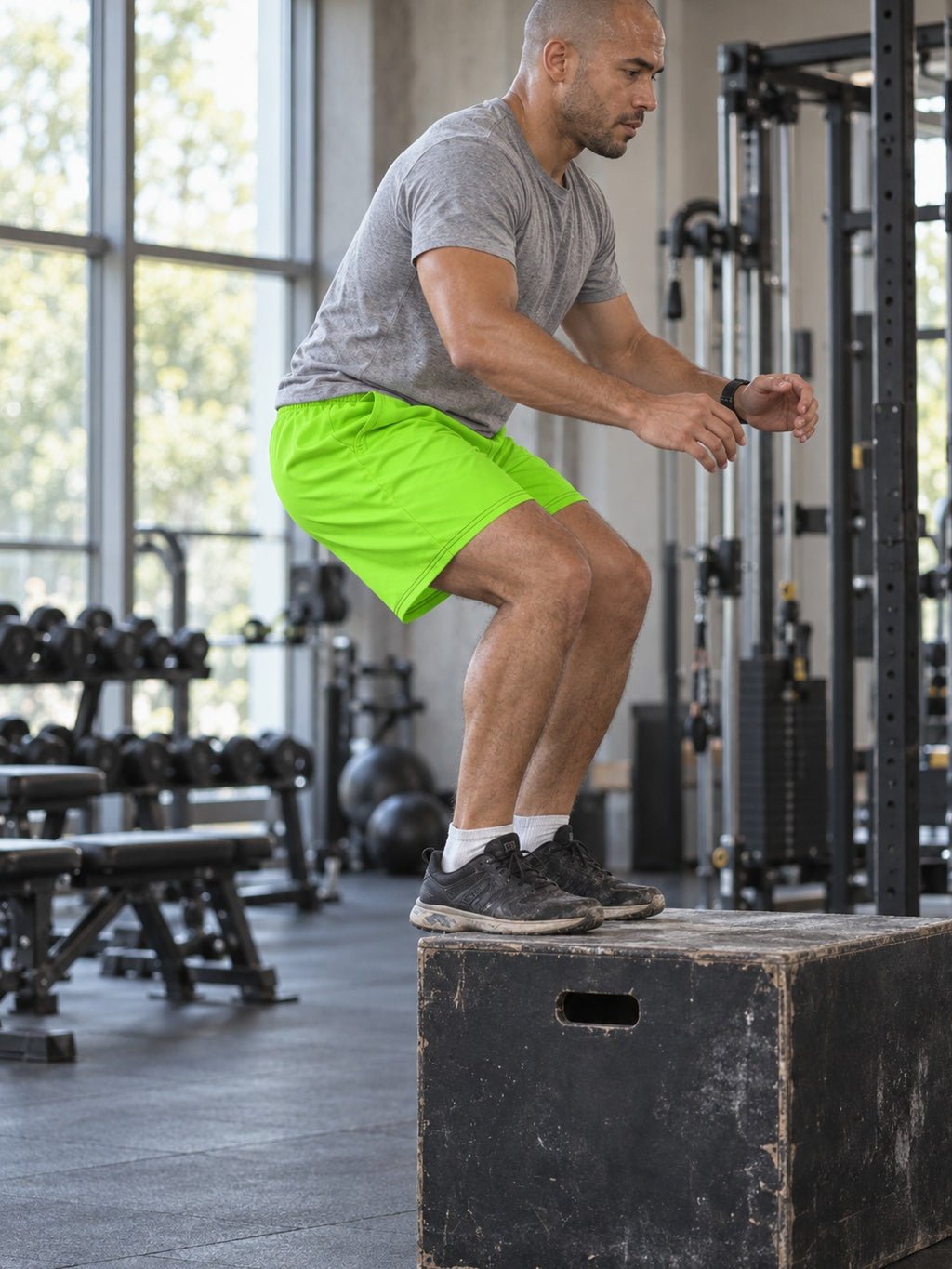 Men's Volt Green Essential Athletic Multipurpose Shorts – gym training, side view