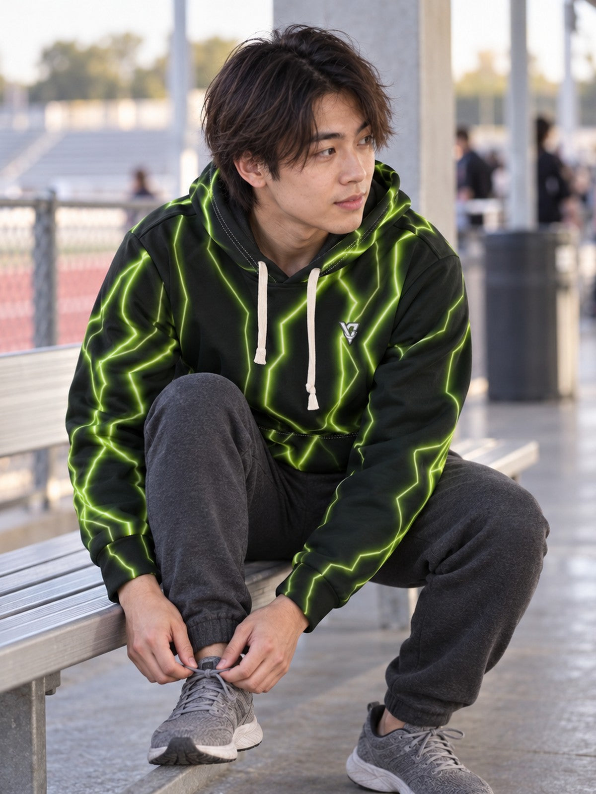 Man wearing the Volt Lightning Men's Pullover Hoodie
