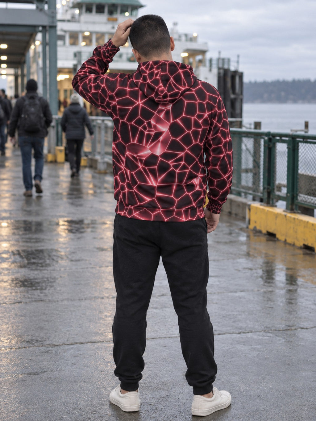 Man wearing the Crimson Magma Men's Pullover Hoodie