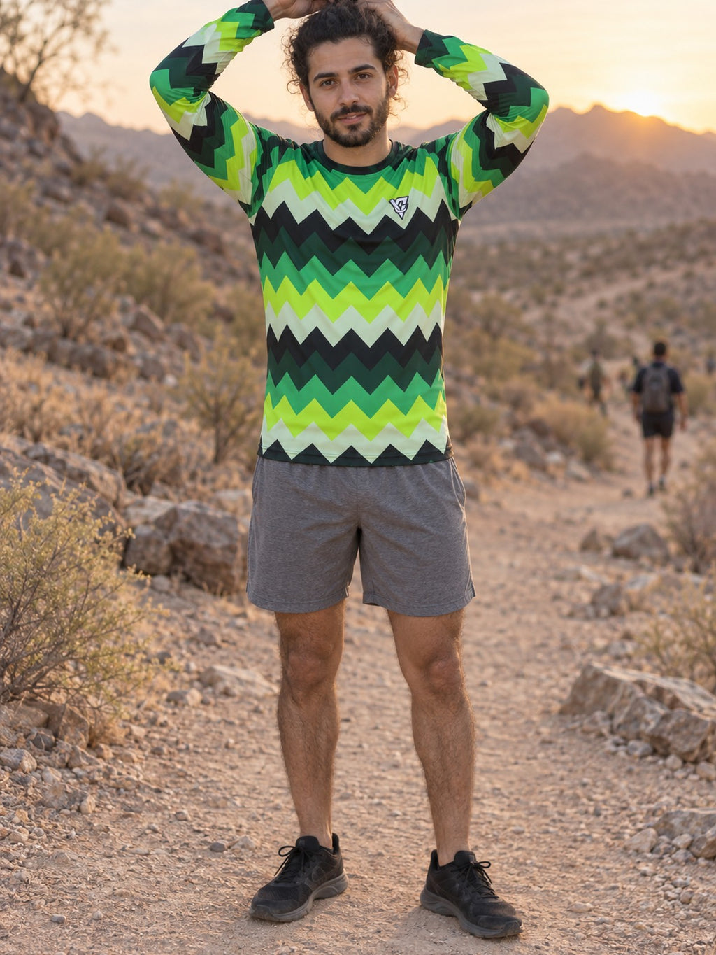 Man wearing the Jungle Zigzag Men's Long Sleeve Athletic Shirt