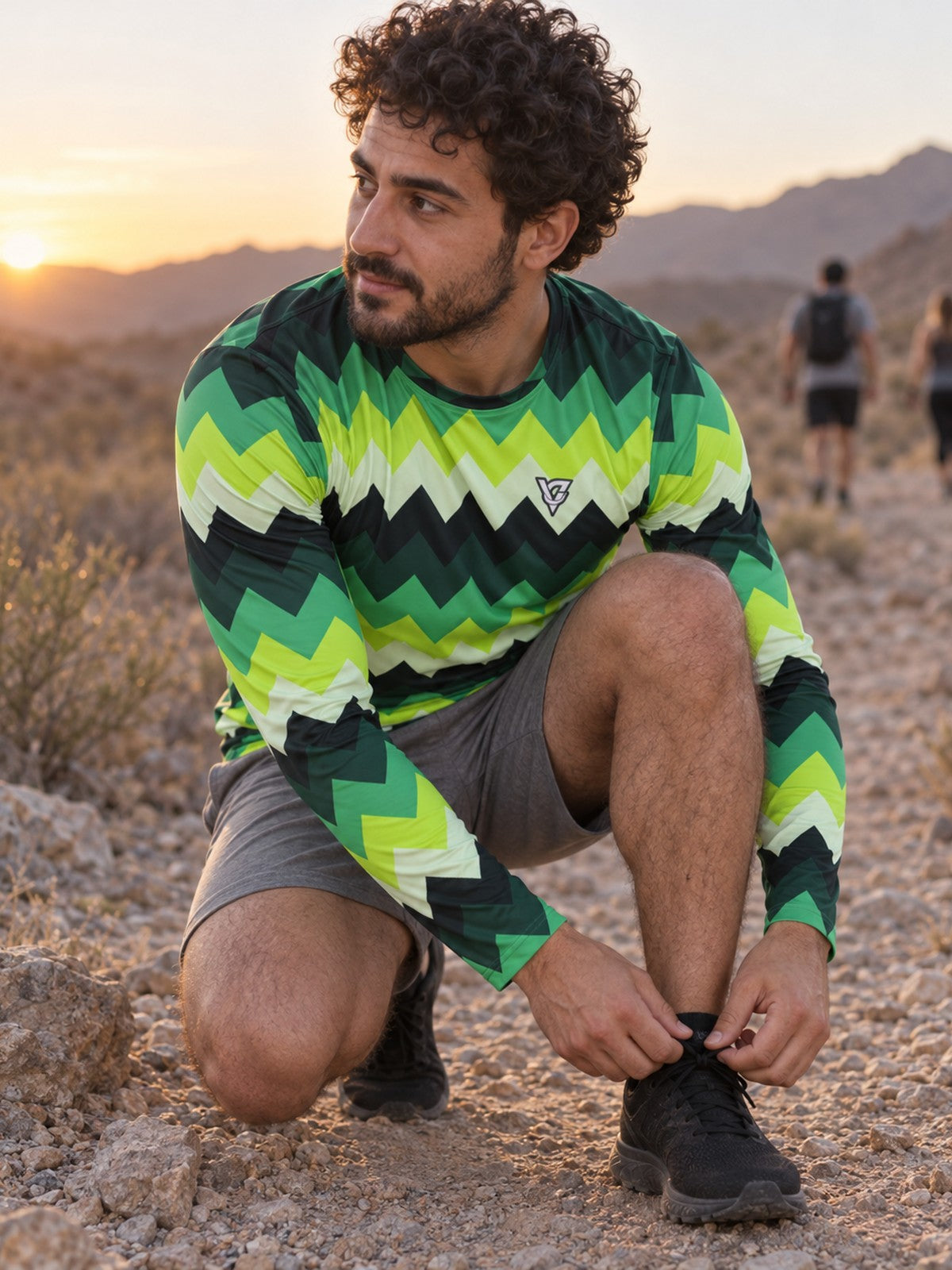 Man wearing the Jungle Zigzag Men's Long Sleeve Athletic Shirt