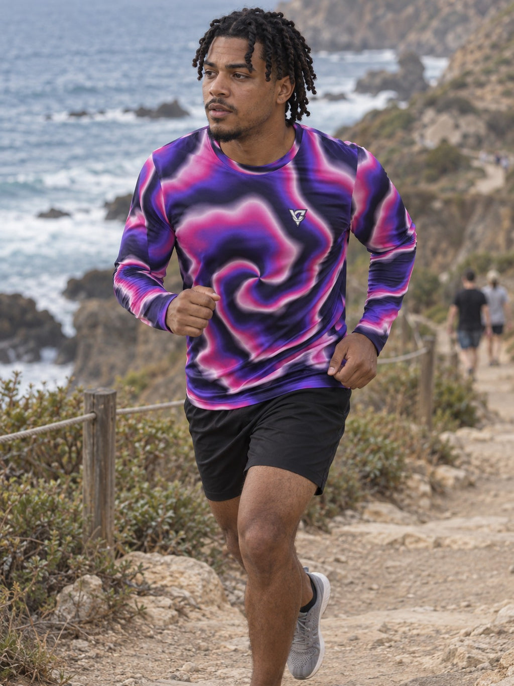 Man wearing the Royal Tie-Dye Men's Long Sleeve Athletic Shirt