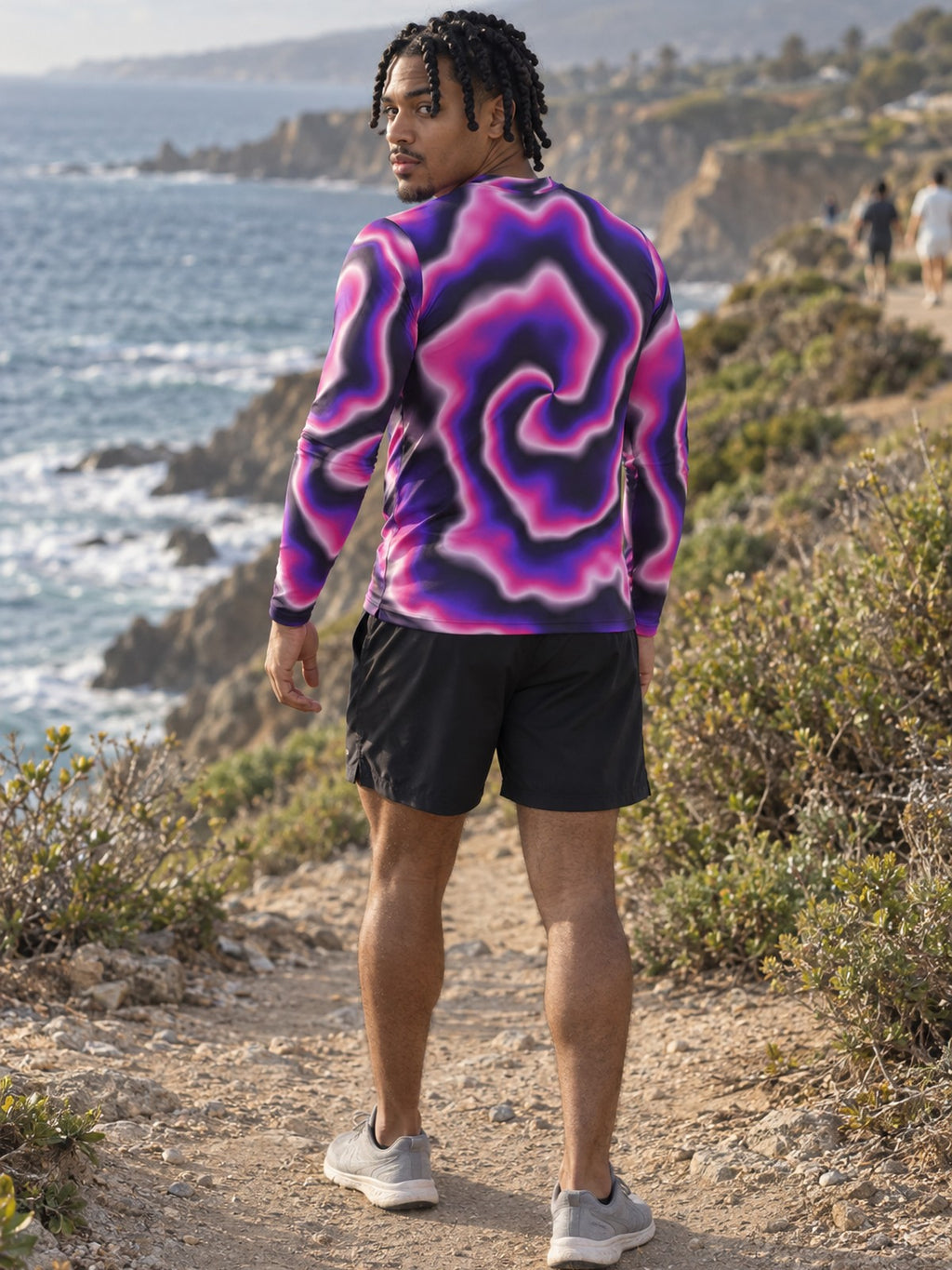 Man wearing the Royal Tie-Dye Men's Long Sleeve Athletic Shirt