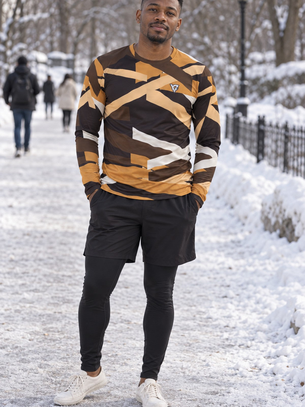 Man wearing the Desert Brushstroke Men's Long Sleeve Athletic Shirt