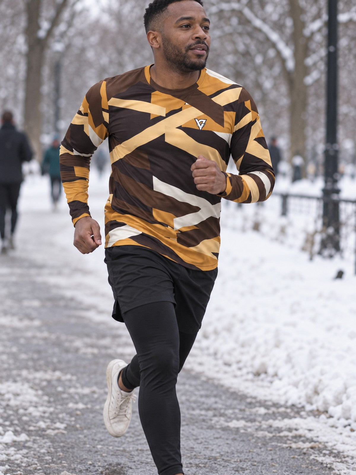 Man wearing the Desert Brushstroke Men's Long Sleeve Athletic Shirt