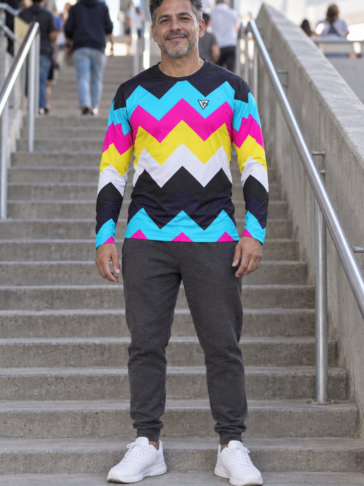 Man wearing the Neon Chevron Men's Long Sleeve Athletic Shirt