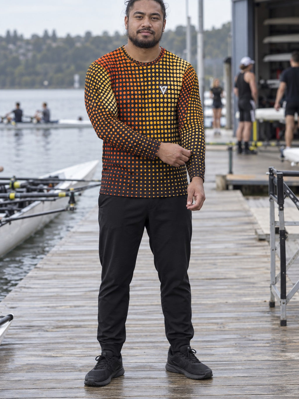 Man wearing the Blaze Halftone Men's Long Sleeve Athletic Shirt