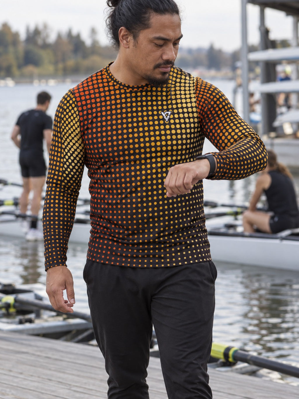 Man wearing the Blaze Halftone Men's Long Sleeve Athletic Shirt