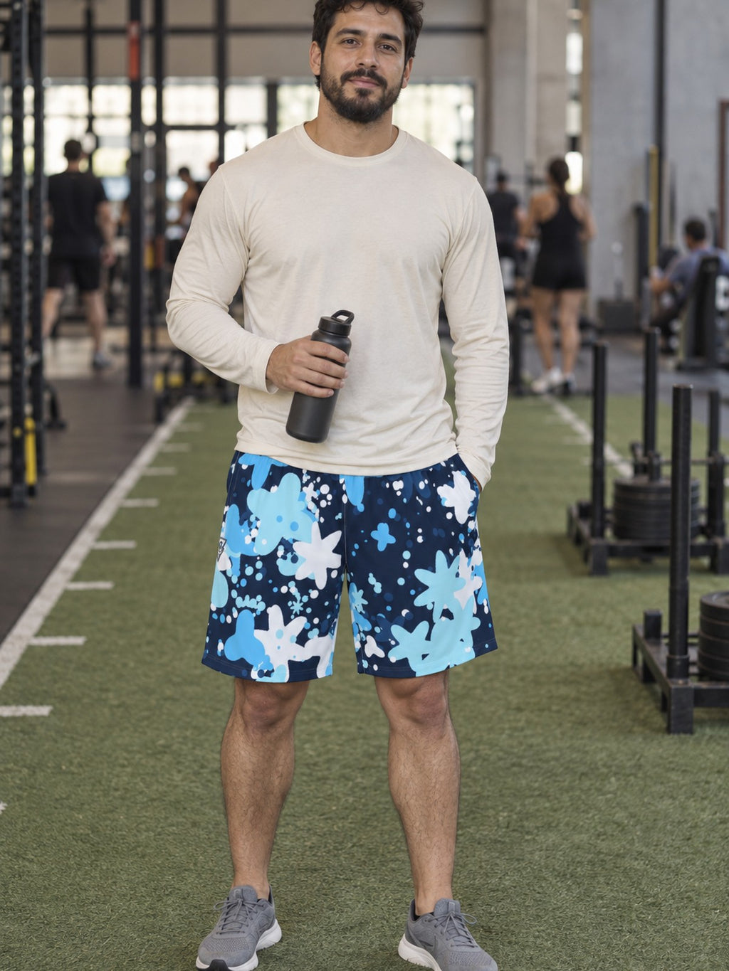 Man wearing the Men's Arctic Splatter Athletic Sports Shorts