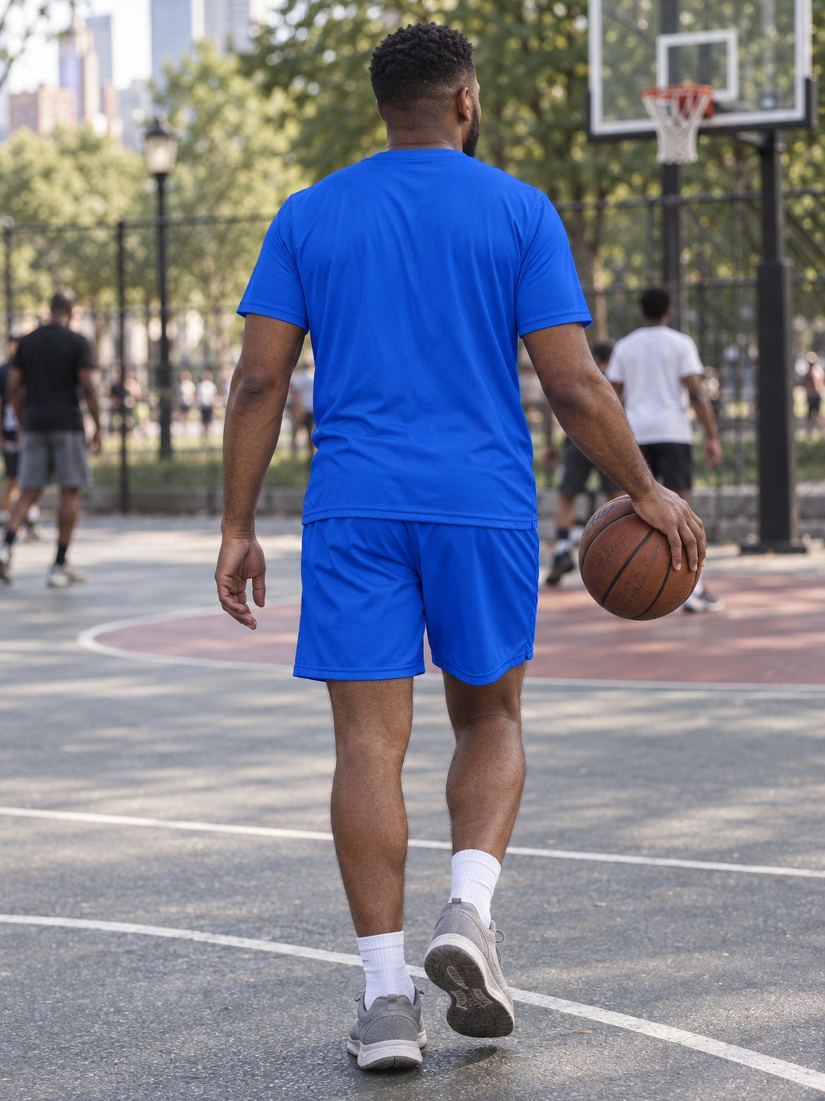 Man wearing the Royal Blue Essential men's matching set – back view