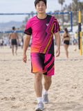 Man wearing the Neon Magenta Inferno men's matching set – athletic shirt and multipurpose shorts – front view