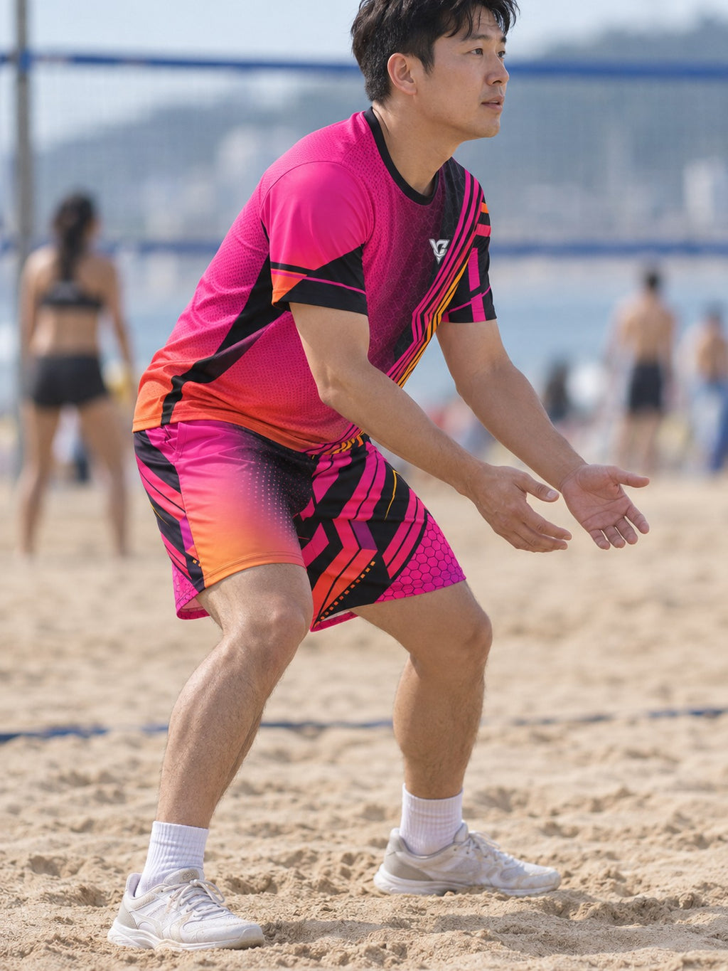Man wearing the Neon Magenta Inferno men's matching set – side view