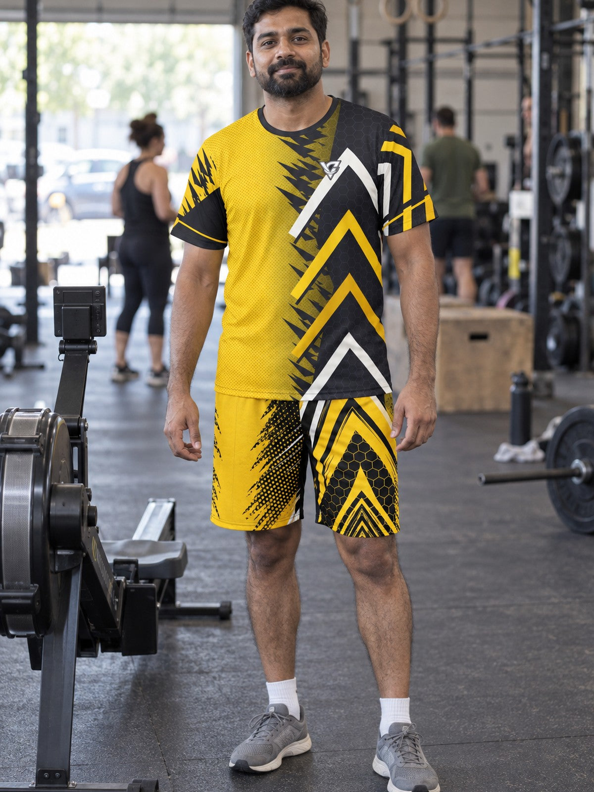 Man wearing the Golden Apex men's matching set – athletic shirt and multipurpose shorts – front view