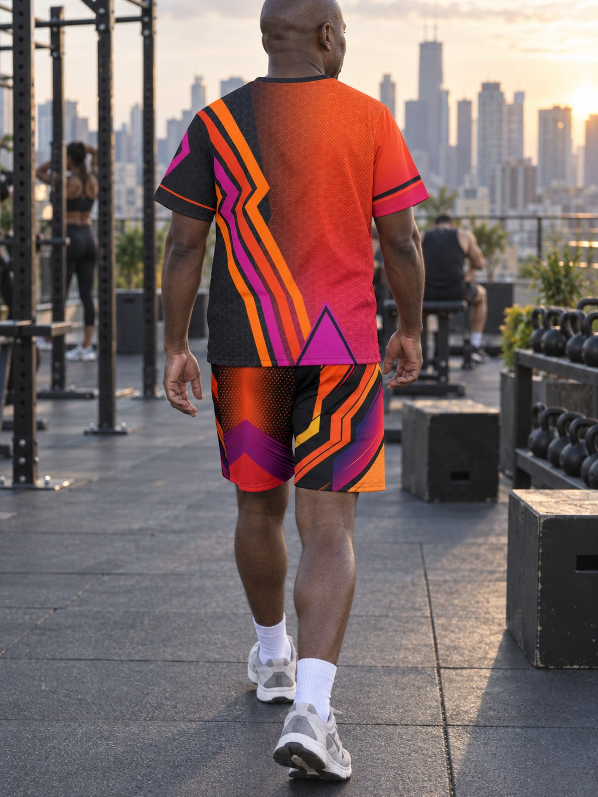 Man wearing the Sunset Fusion men's matching set – back view