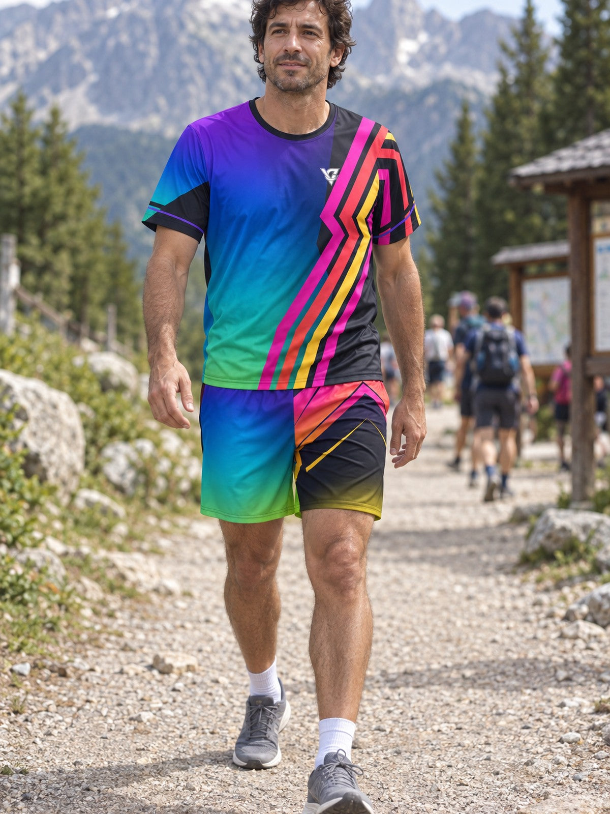 Man wearing the Aurora Fusion men's matching set – athletic shirt and multipurpose shorts – front view
