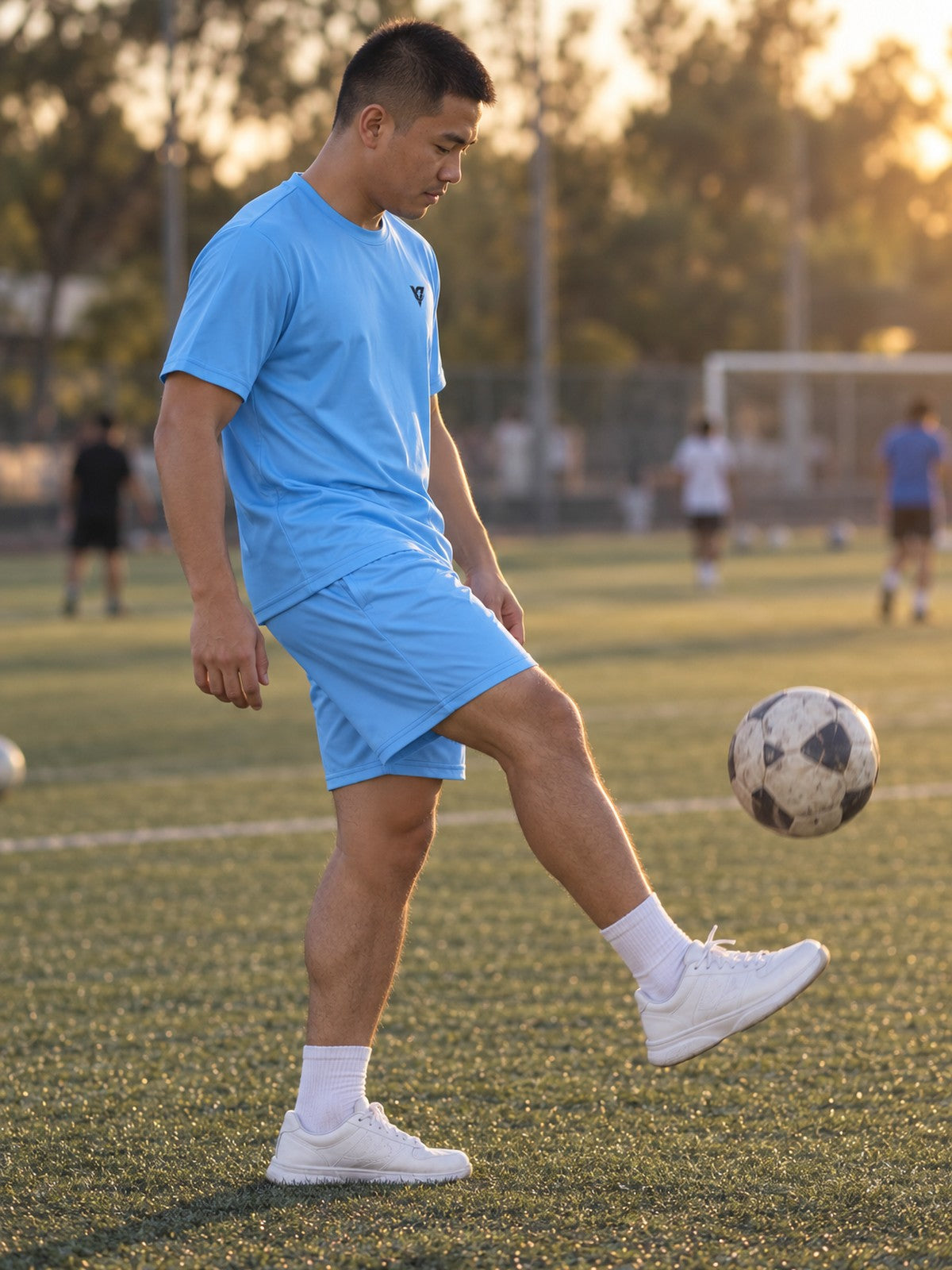 Man wearing the Sky Blue Essential men's matching set – side view