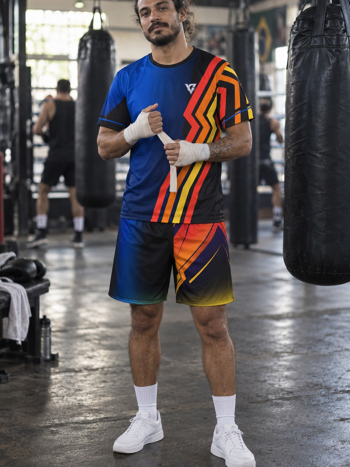 Man wearing the Midnight Horizon men's matching set – athletic shirt and multipurpose shorts – front view