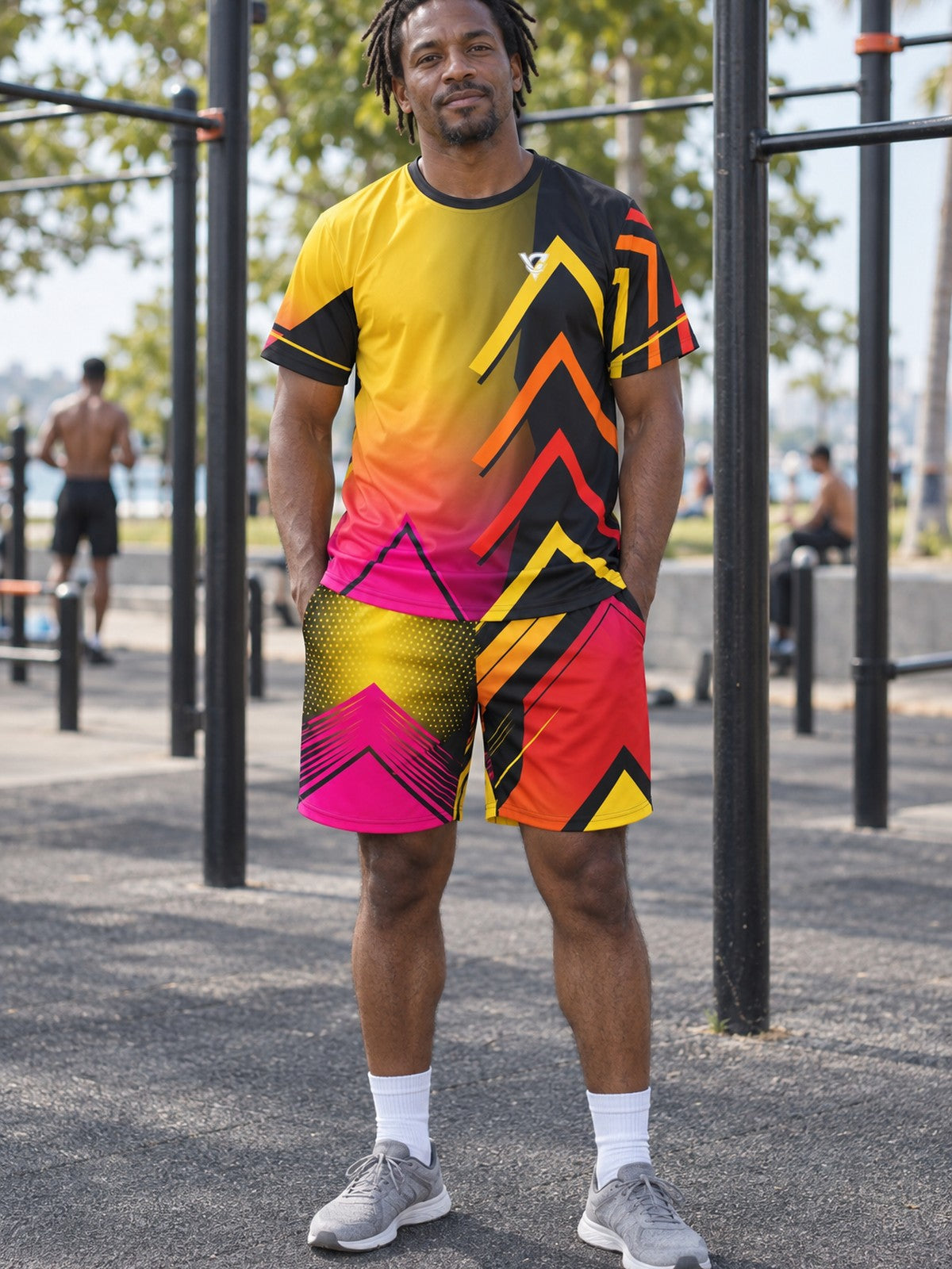 Man wearing the Solar Pulse men's matching set – athletic shirt and multipurpose shorts – front view