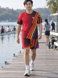 Man wearing the Crimson Ember men's matching set – athletic shirt and multipurpose shorts – front view