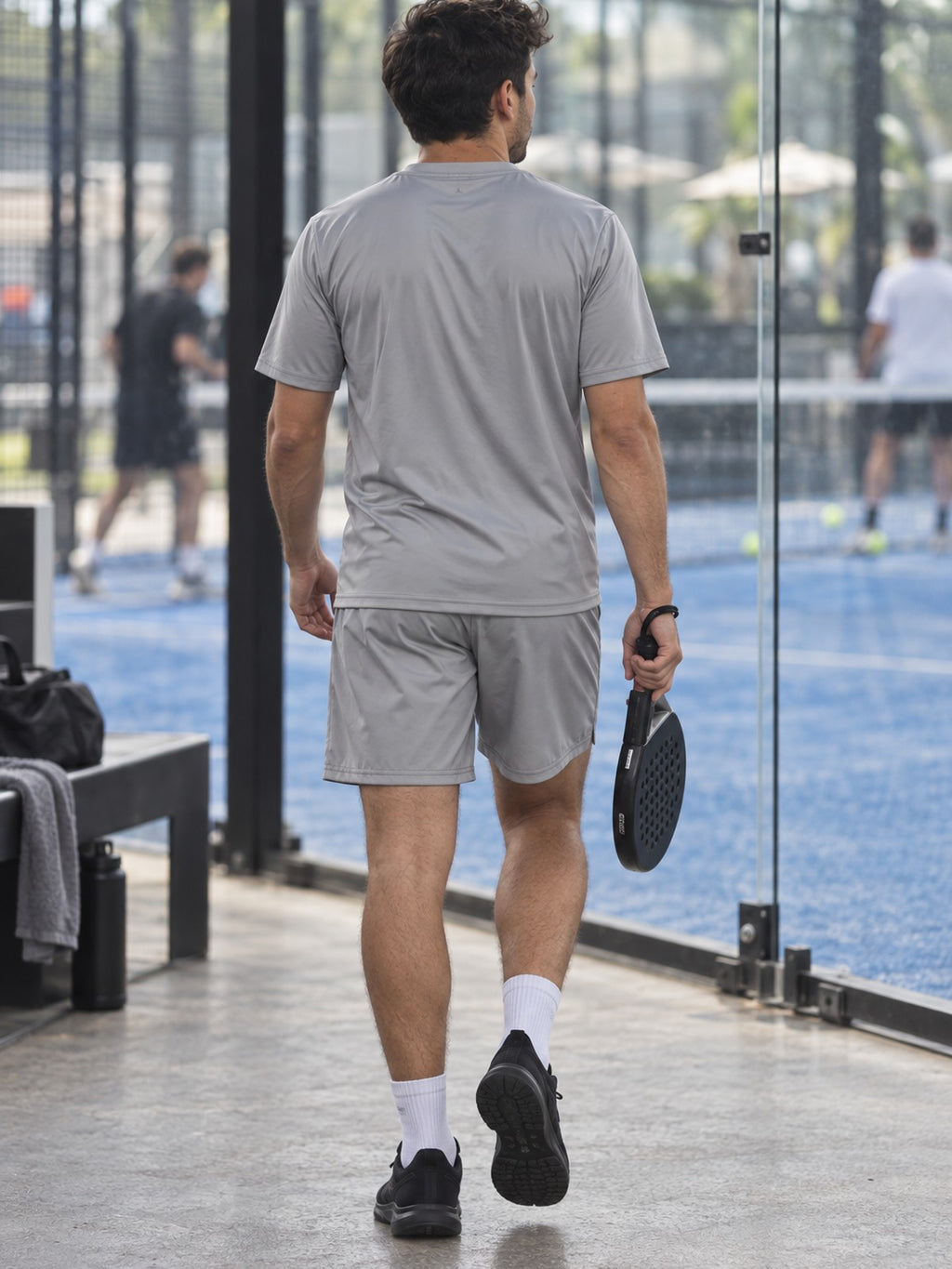 Man wearing the Stone Grey Essential men's matching set – back view