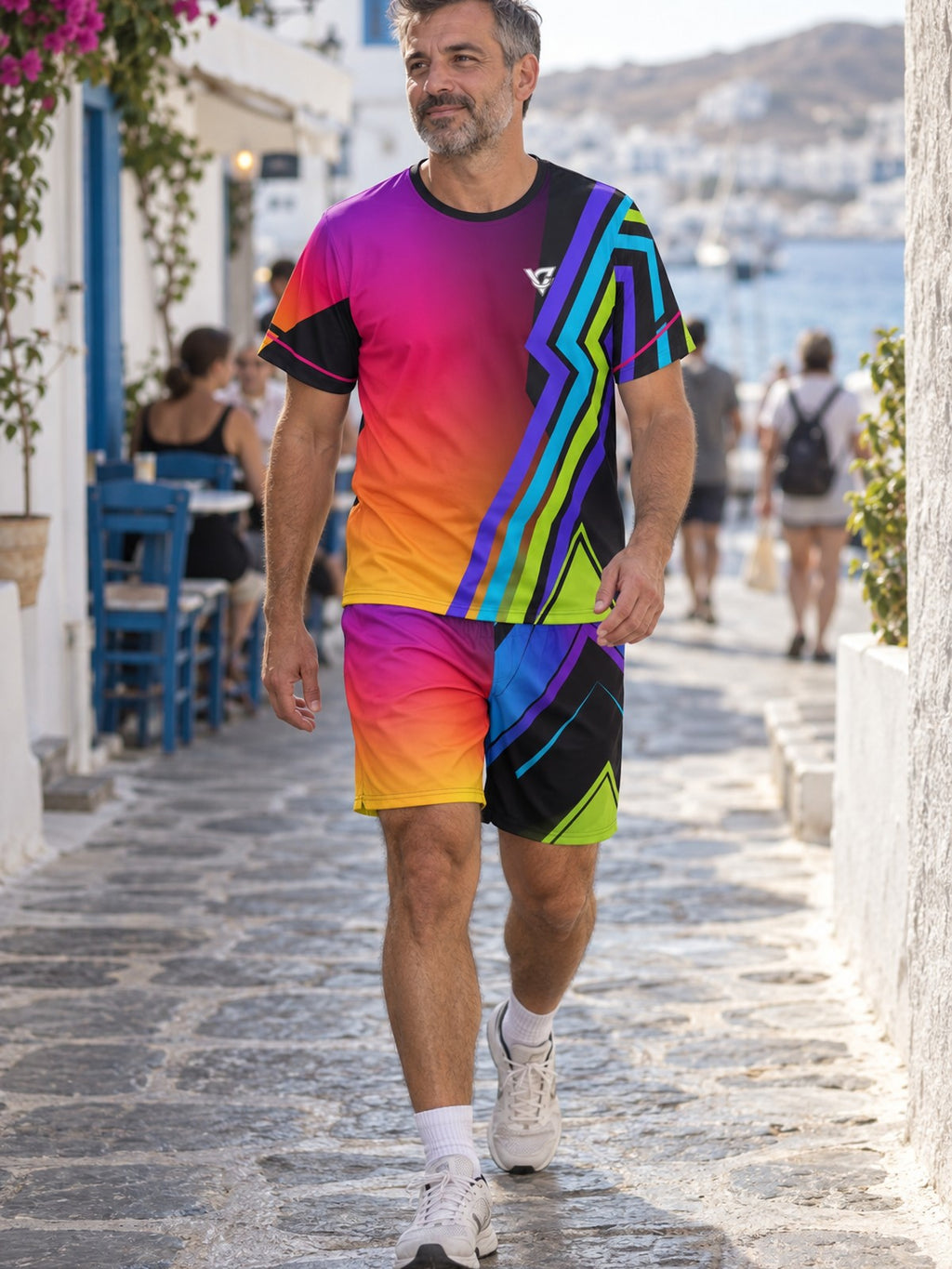 Man wearing the Prism Velocity men's matching set – athletic shirt and multipurpose shorts – front view