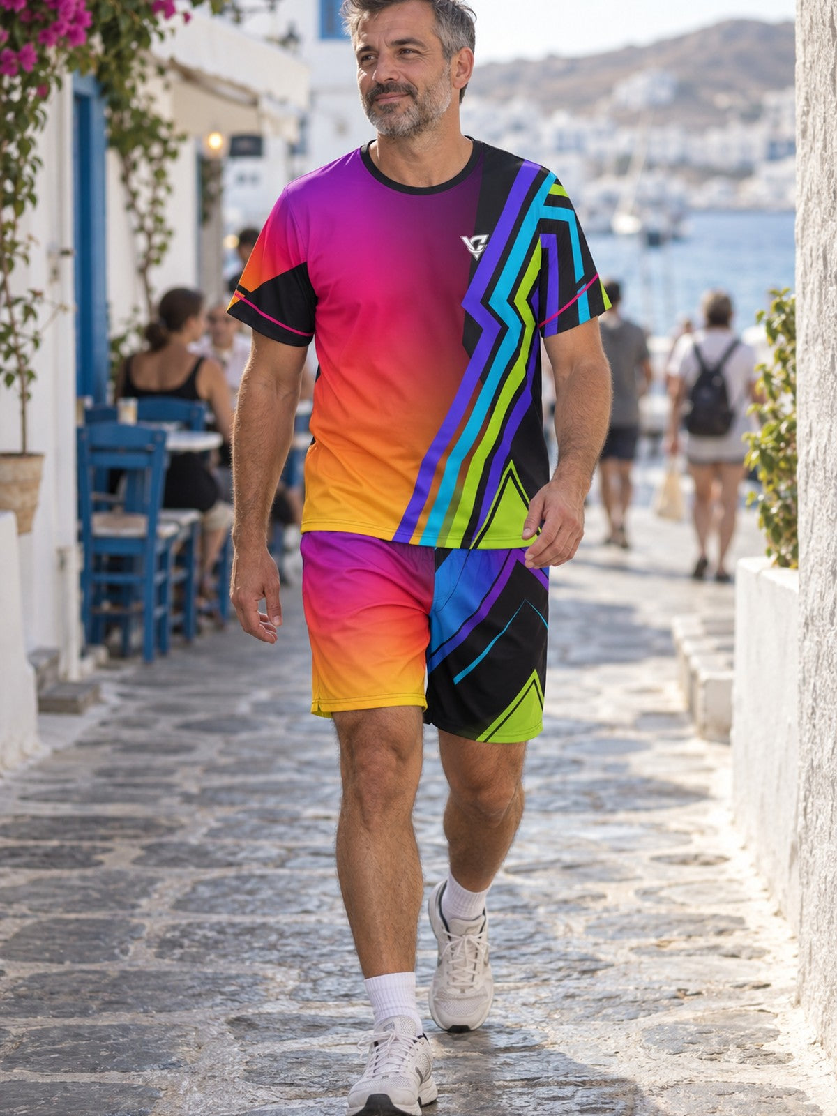 Man wearing the Prism Velocity men's matching set – athletic shirt and multipurpose shorts – front view
