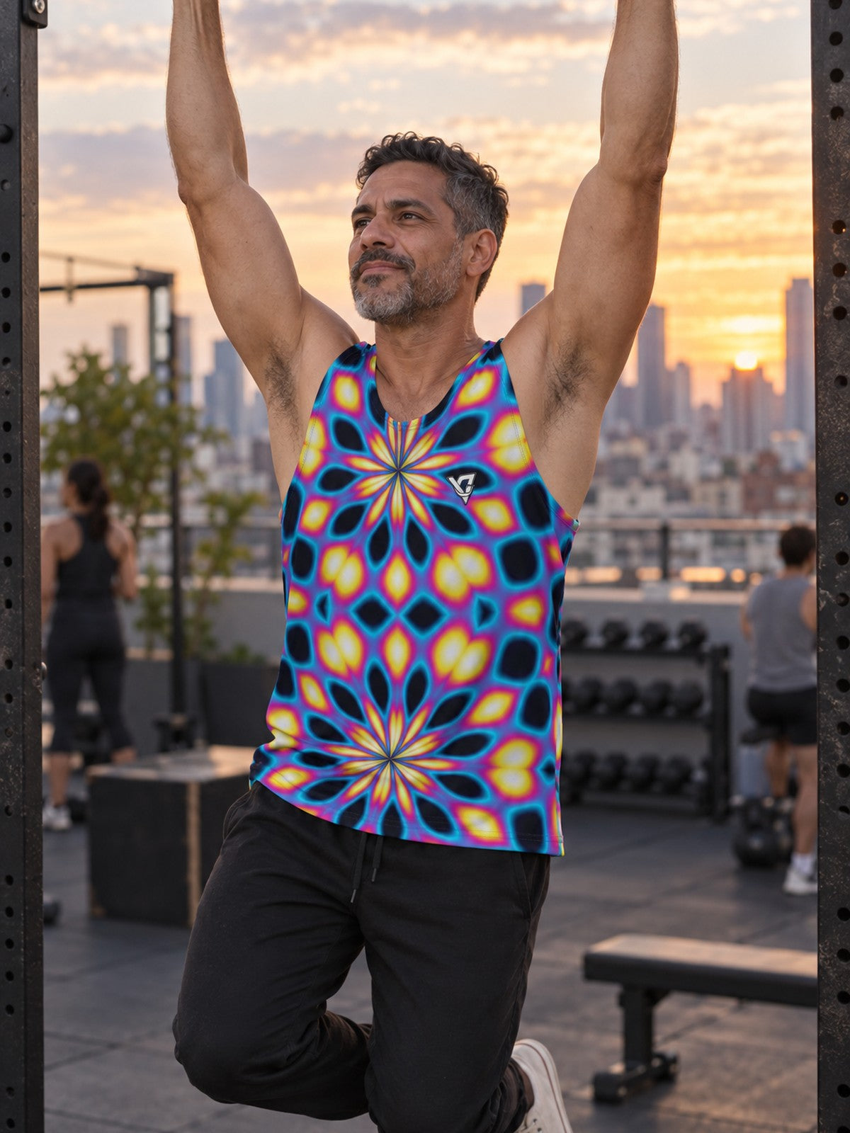 Man wearing the Neon Kaleidoscope Men's Athletic Tank