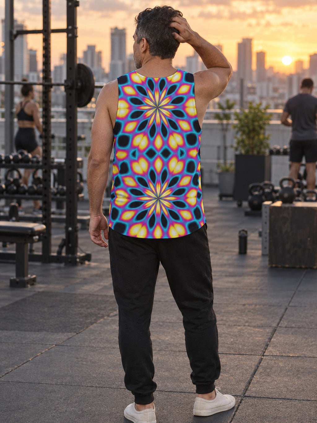 Man wearing the Neon Kaleidoscope Men's Athletic Tank