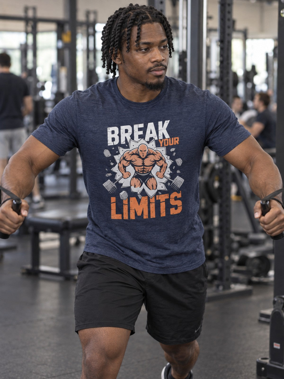 Break Your Limits Unisex Graphic T-Shirt – Heather Navy – front view, gym
