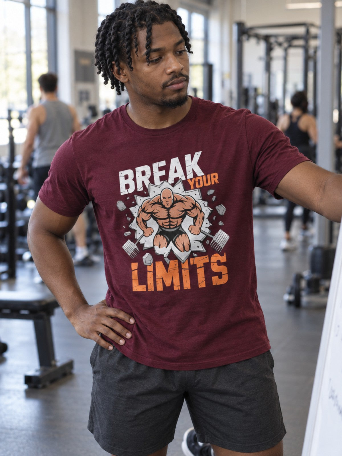 Break Your Limits Unisex Graphic T-Shirt – Maroon – front view, gym