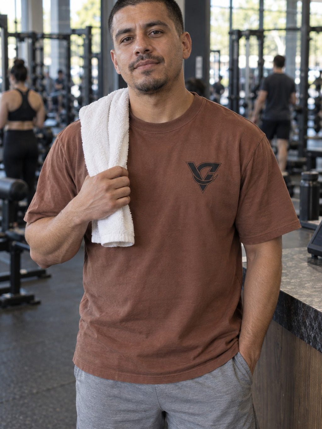 Graphic Tee – Clay – front view, gym