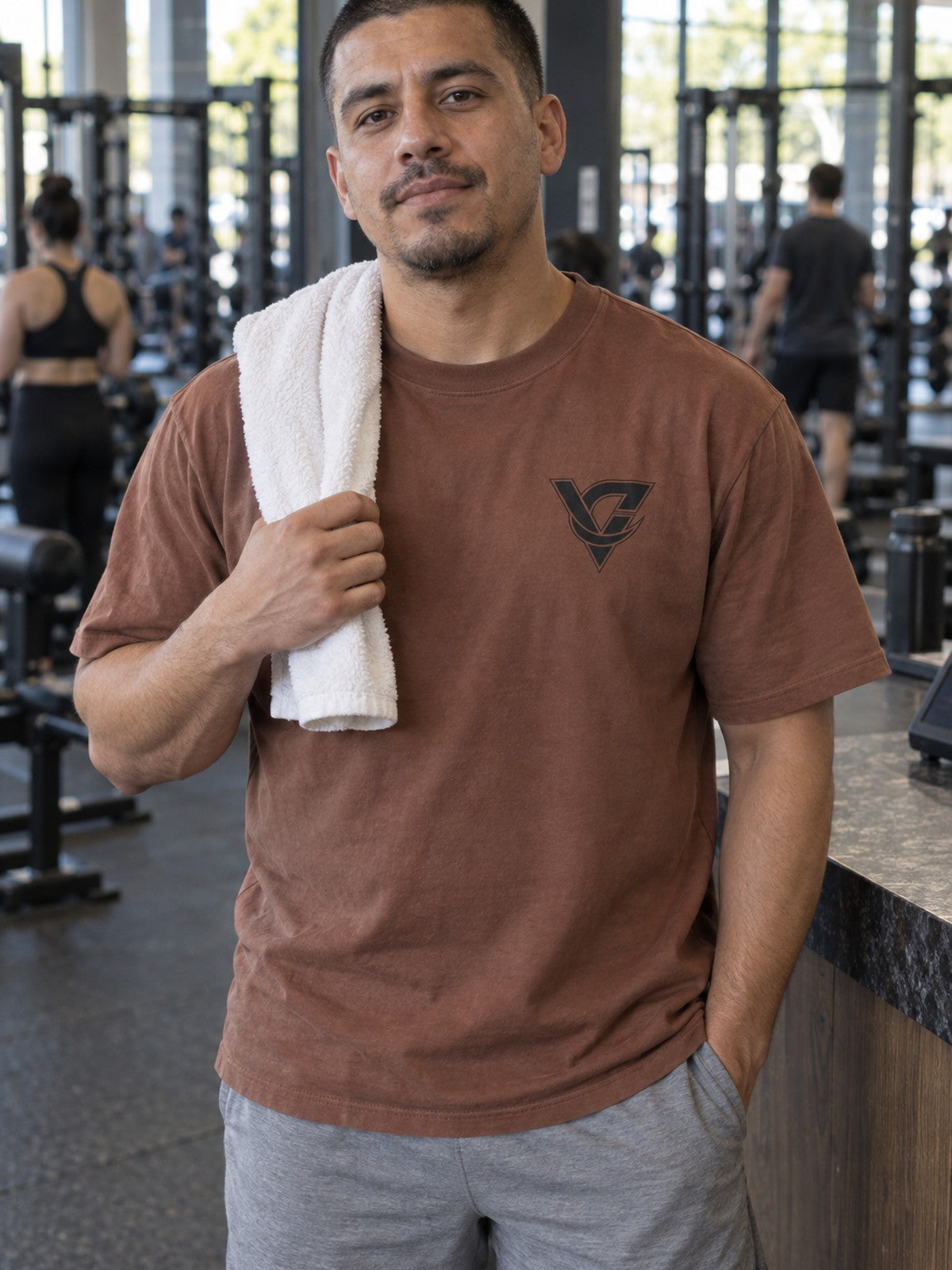Graphic Tee – Clay – front view, gym