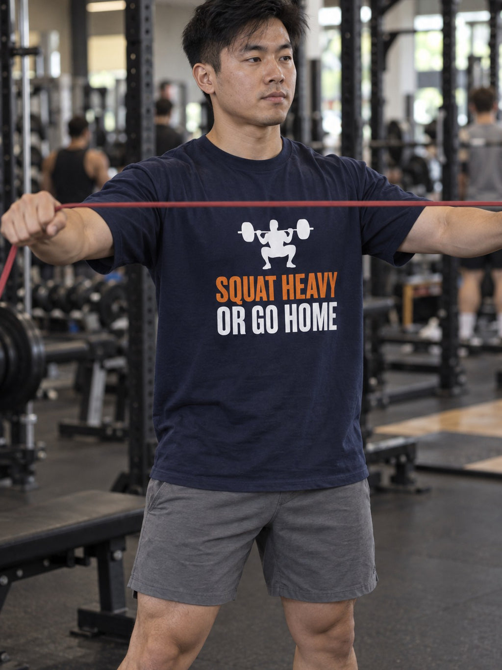 Squat Heavy or Go Home Tee – Navy – front view, gym