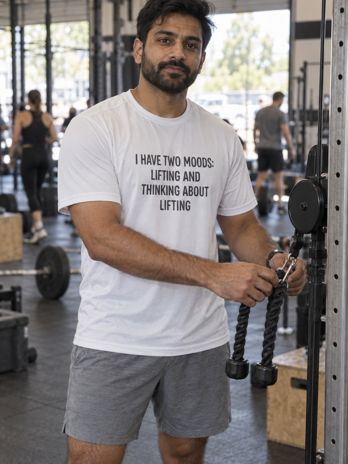Lifting & Thinking About Lifting Tee – White – front view, gym