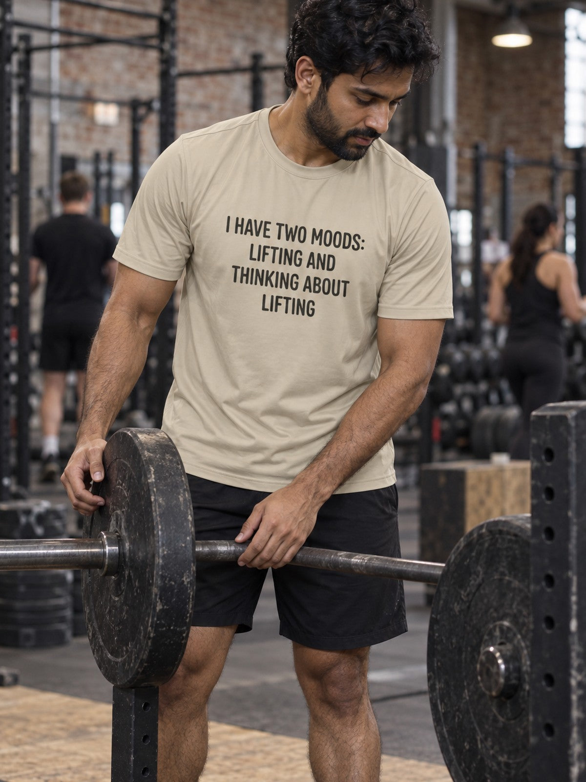 Lifting & Thinking About Lifting Tee – Sand – front view, gym