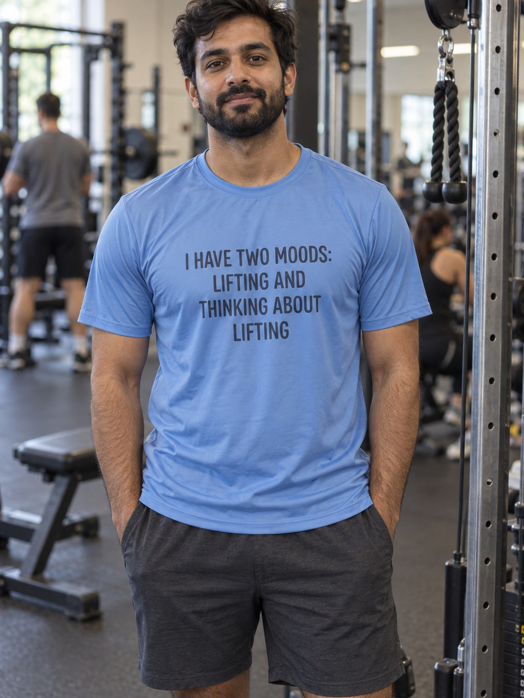 Lifting & Thinking About Lifting Tee – Carolina Blue – front view, gym