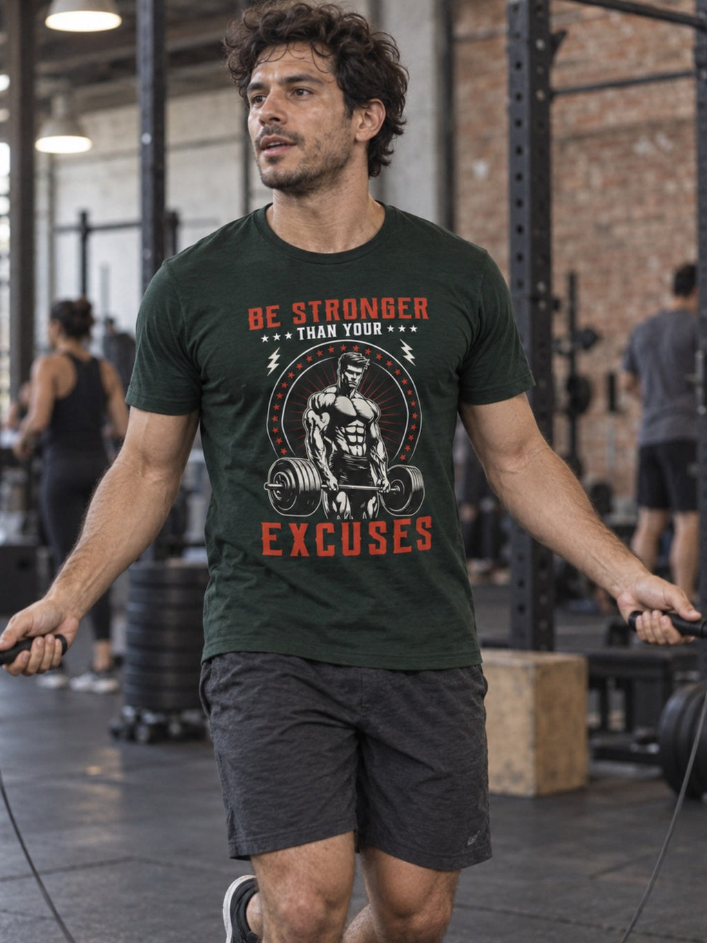 Be Stronger Than Your Excuses Unisex Graphic Gym T-Shirt – Forest – front view, gym