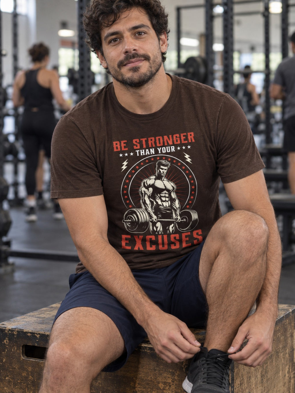 Be Stronger Than Your Excuses Unisex Graphic Gym T-Shirt – Brown – front view, gym