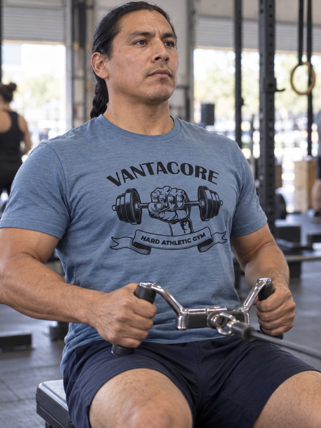 Vantacore Hard Athletic Gym Unisex Graphic T-Shirt – Steel Blue – front view, gym