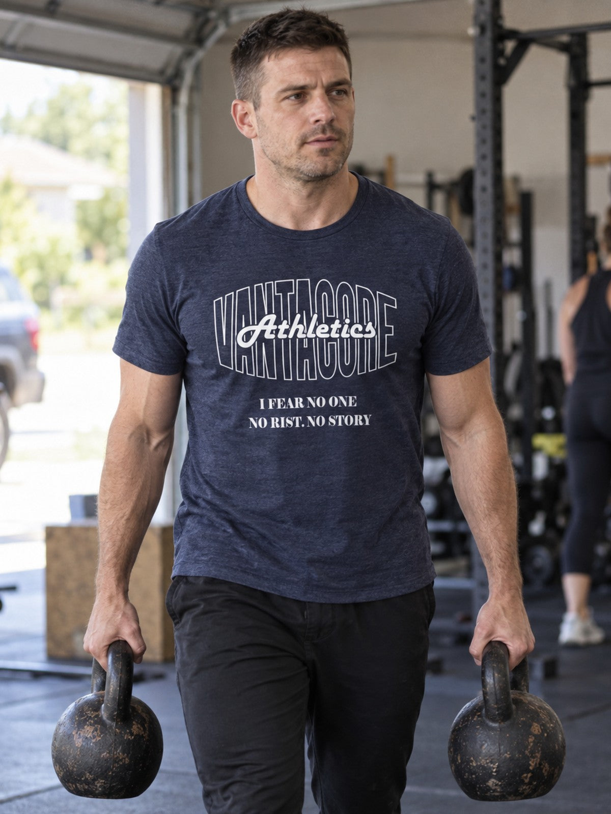 Vantacore Athletics Unisex Graphic T-Shirt – Heather Navy – front view, gym