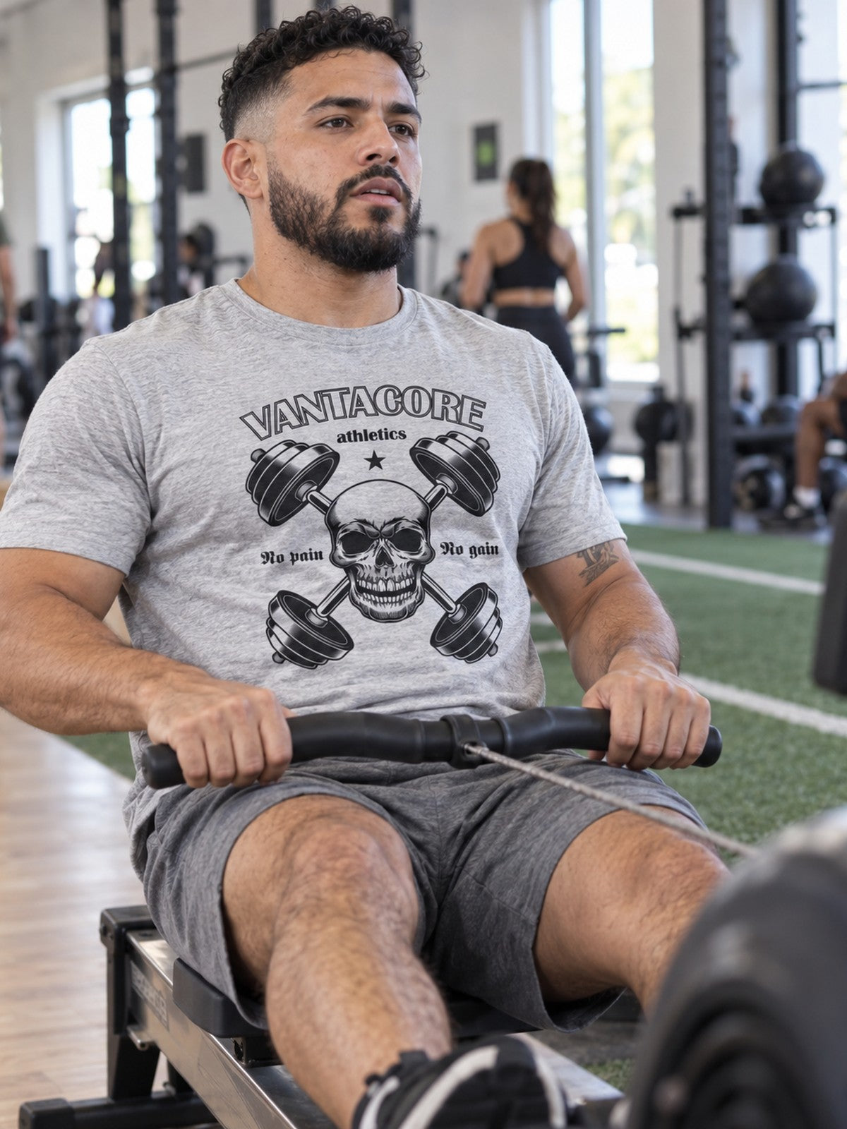 Vantacore No Pain No Gain Unisex Graphic T-Shirt – Athletic Heather – front view, gym