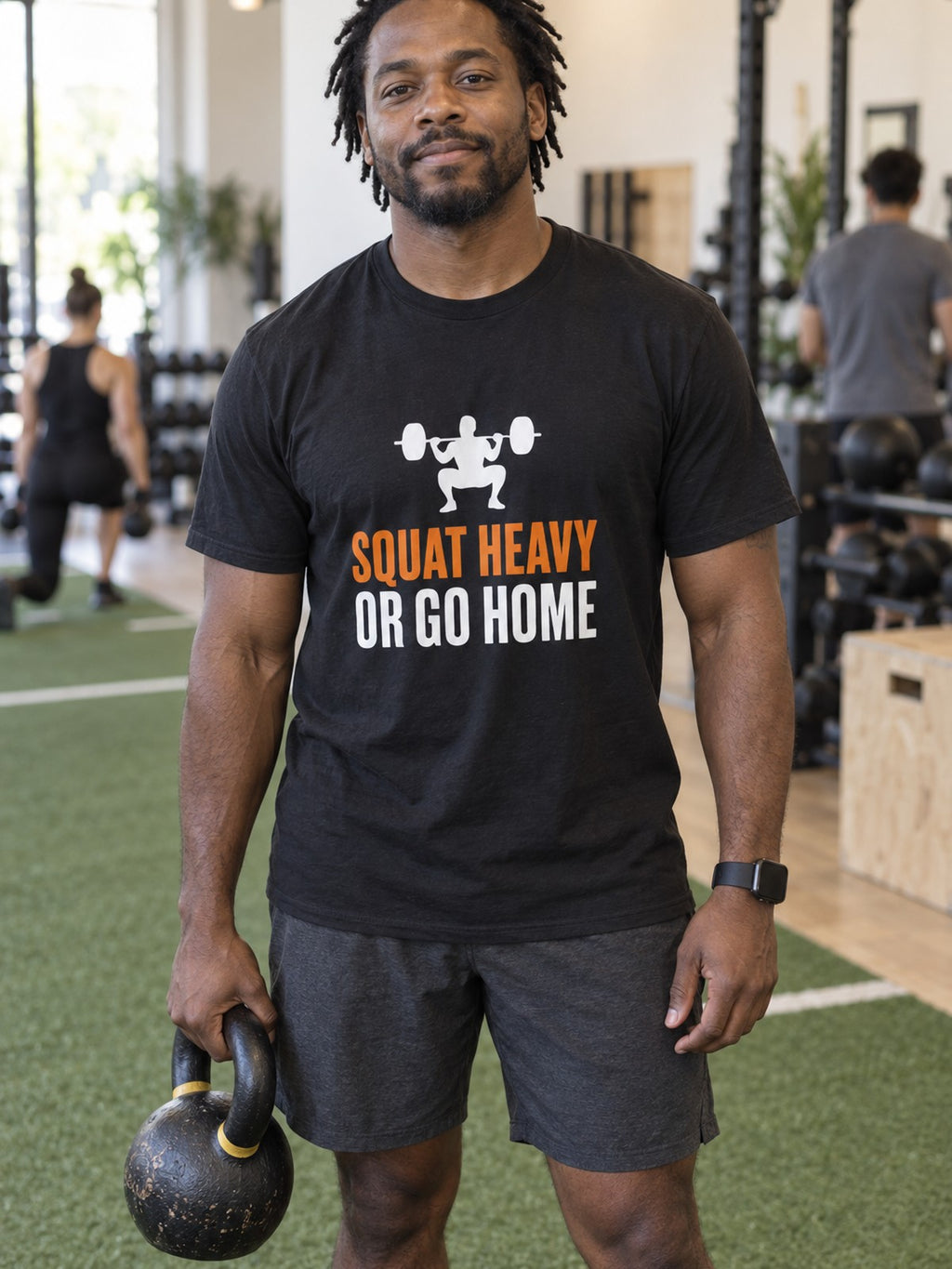 Squat Heavy Tee – Black – front view, gym
