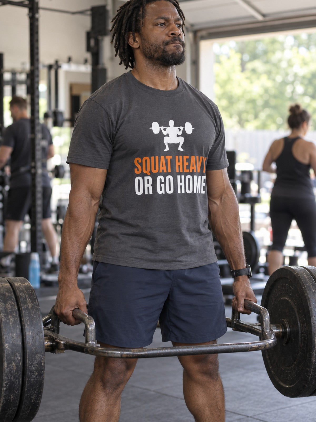 Squat Heavy Tee – Charcoal – front view, gym