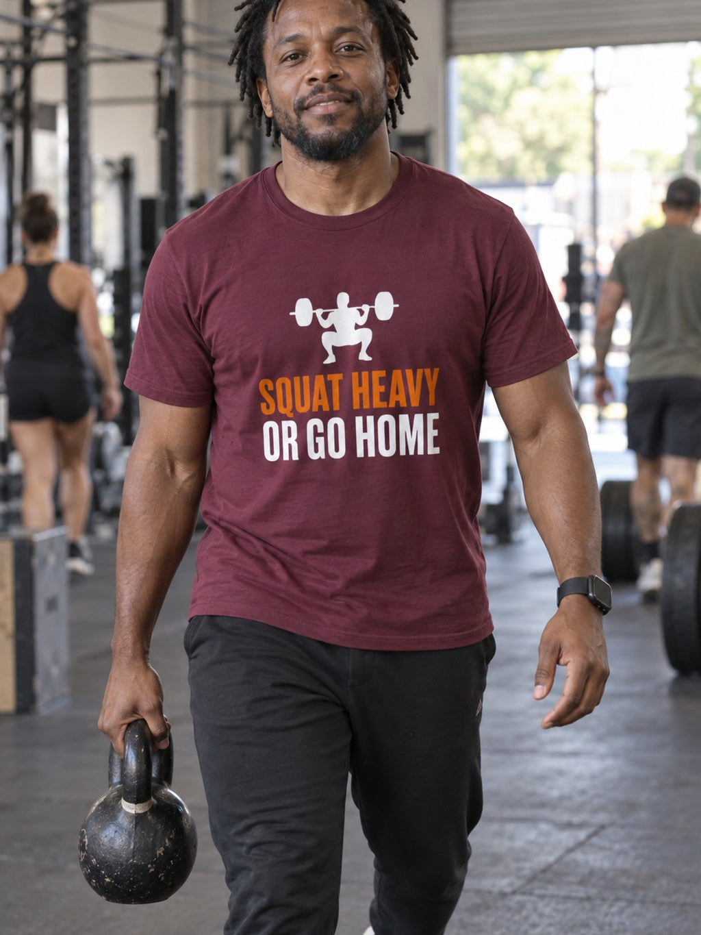 Squat Heavy Tee – Maroon – front view, gym