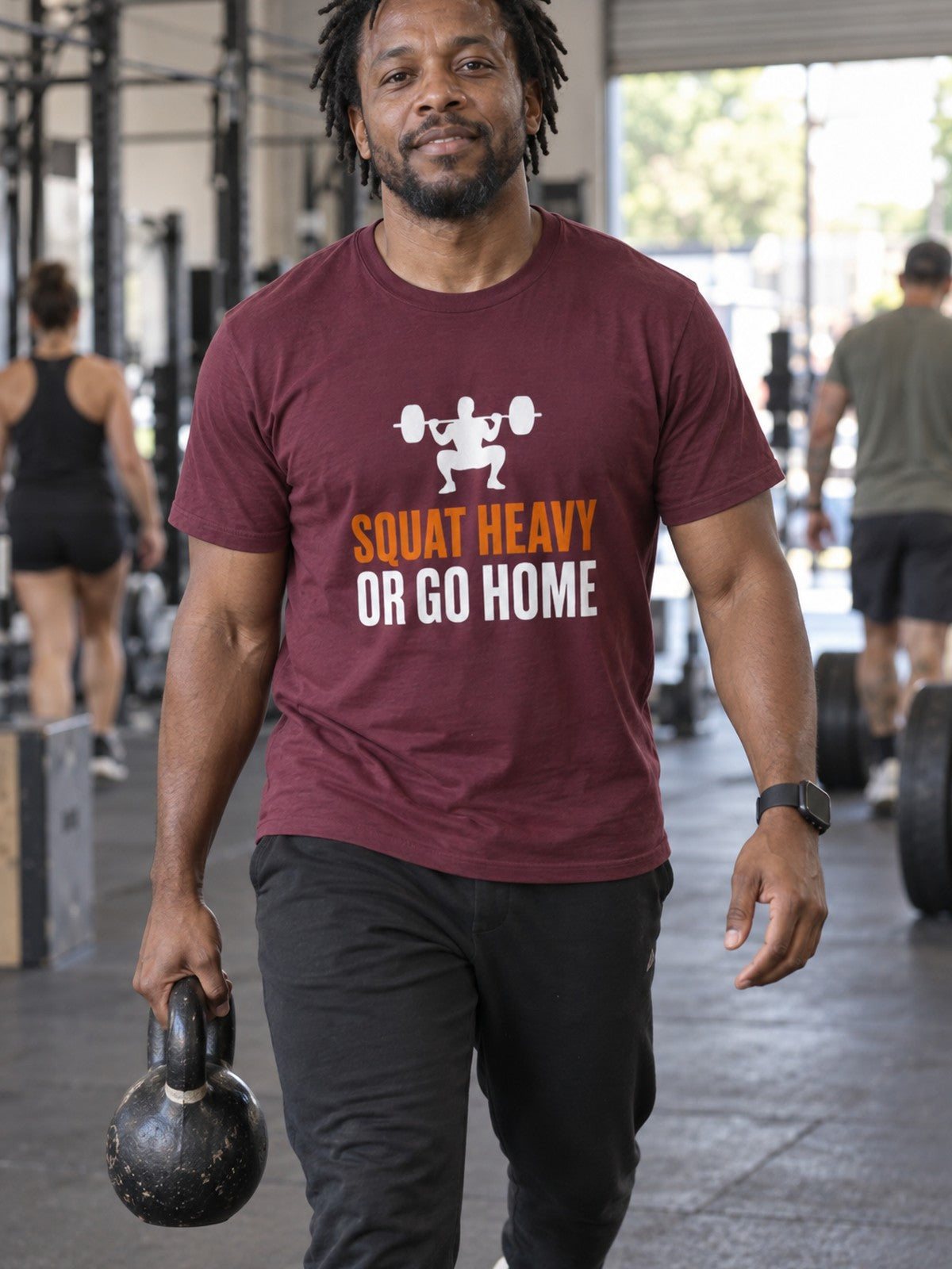 Squat Heavy Tee – Maroon – front view, gym