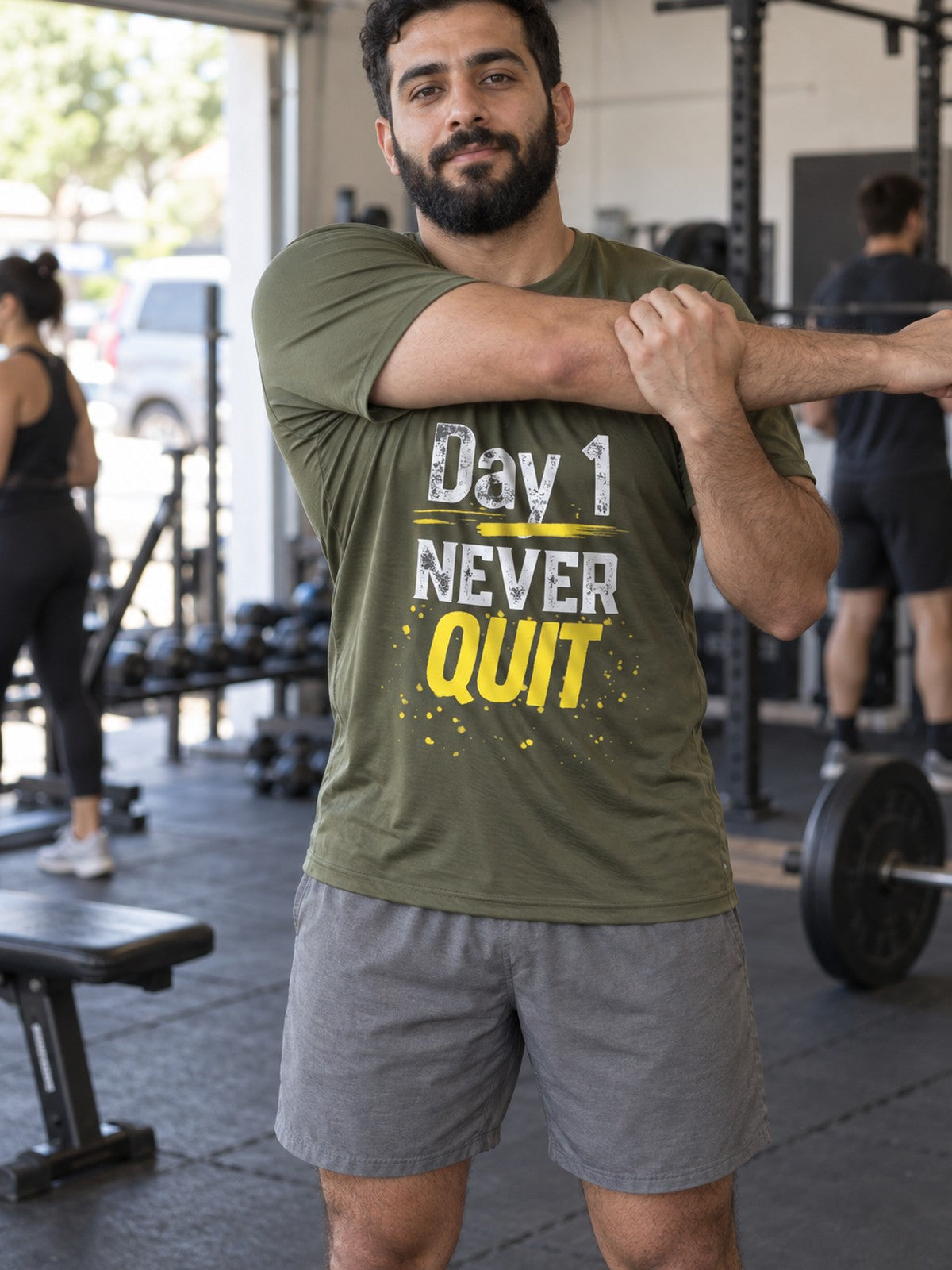 Day 1 – Olive Drab Green – front view, gym