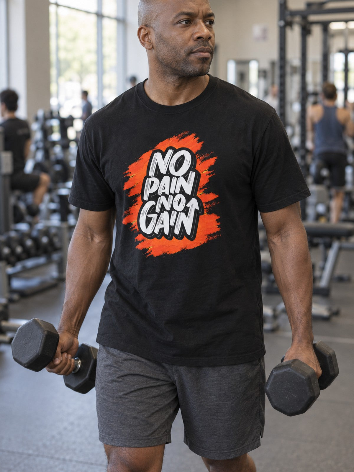 No Pain No Gain T-Shirt – Black – front view, gym
